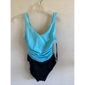 Miraclesuit Blue/Black Vneck Slimming 1pc Swimsuit Bathing Suit 8 NEW NWT READ